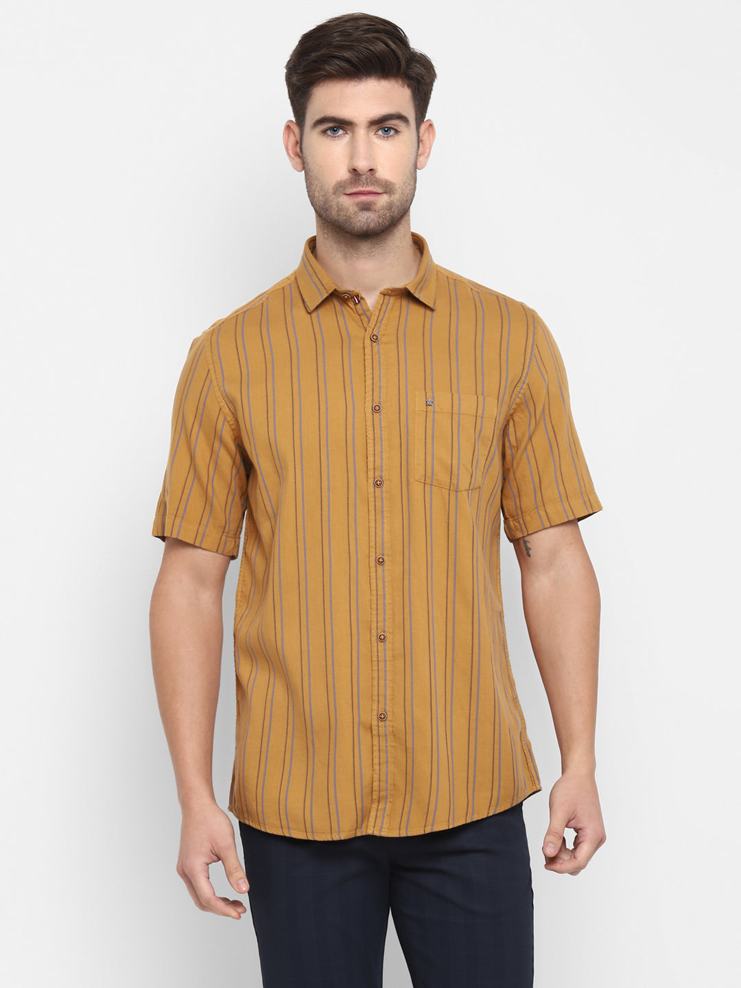 Striped Brown Slim Fit Causal Shirt