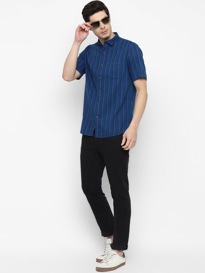 Striped Navy Blue Slim Fit Causal Shirt