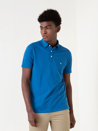 Classic Bright blue Flex Button Down Polo T-Shirt For Men
