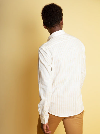 White Hand Woven Stripe Shirt For Men