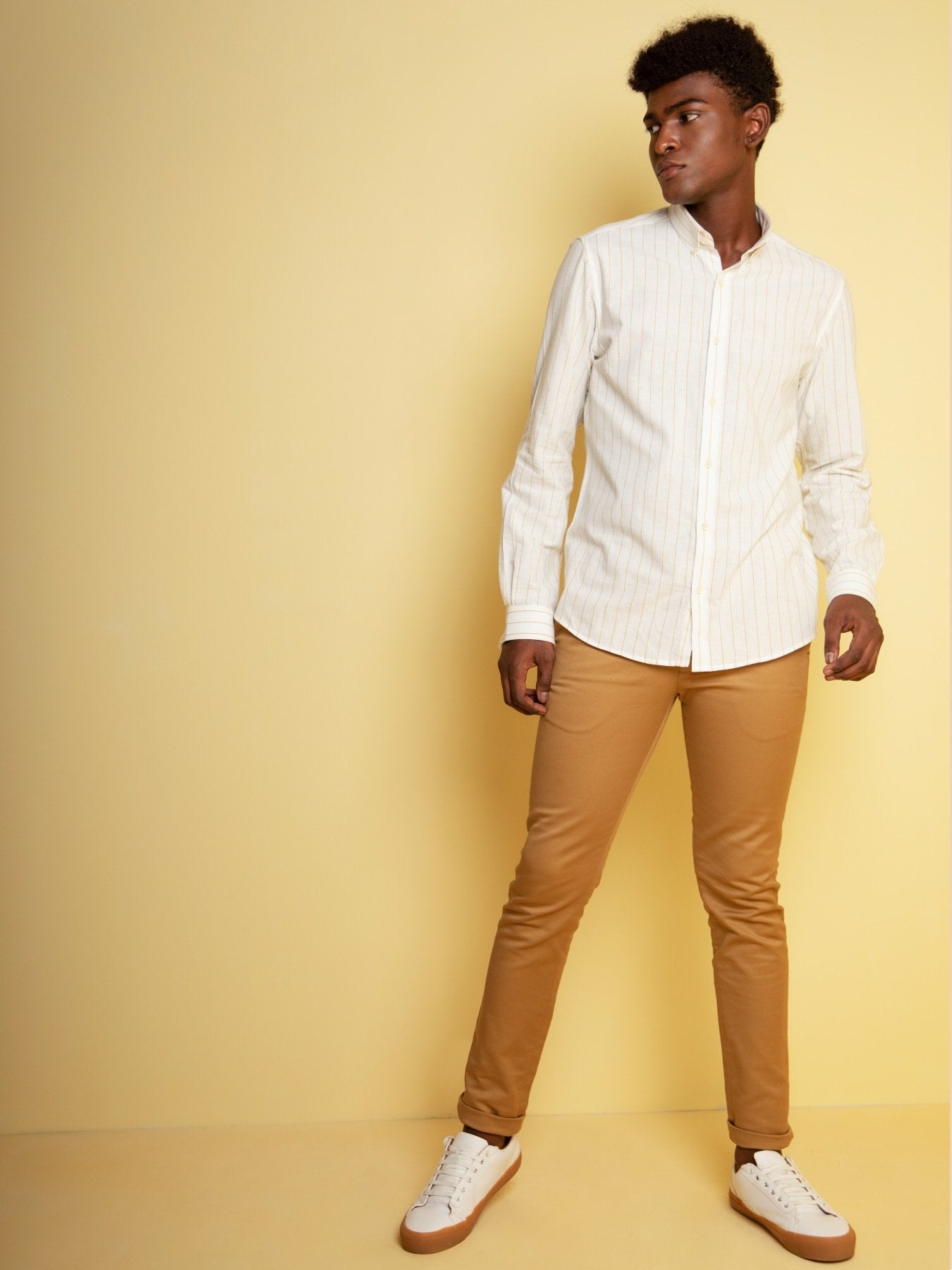 White Hand Woven Stripe Shirt For Men