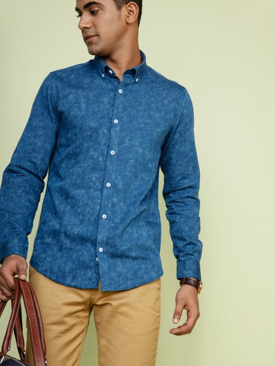 Turtle Medium Blue Mandarin Lycra Shirt For Men