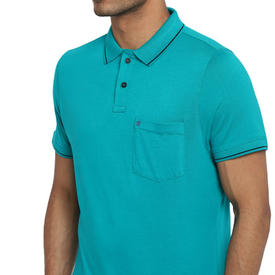 Essentials Turquoise Solid Polo Neck T-Shirt