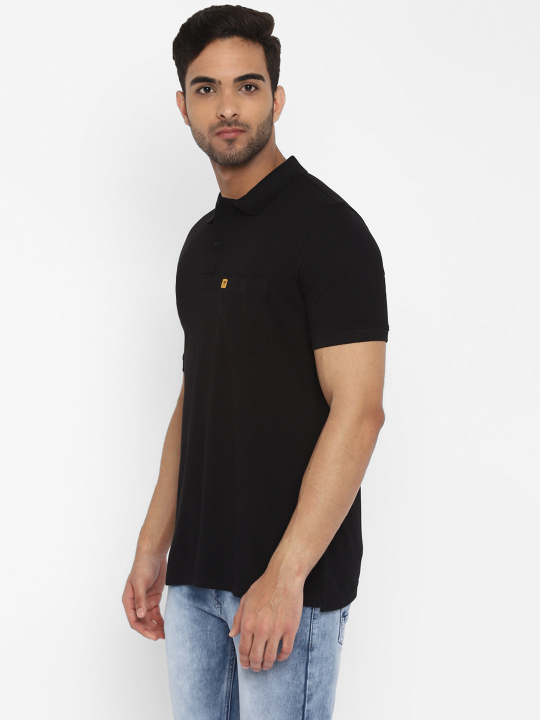 Essentials Black Solid Polo Neck T-Shirt