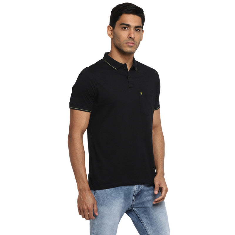 Cotton Black Solid Polo Neck T-Shirt