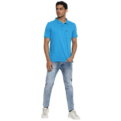 Essentials Light Blue Solid Polo Neck T-Shirt