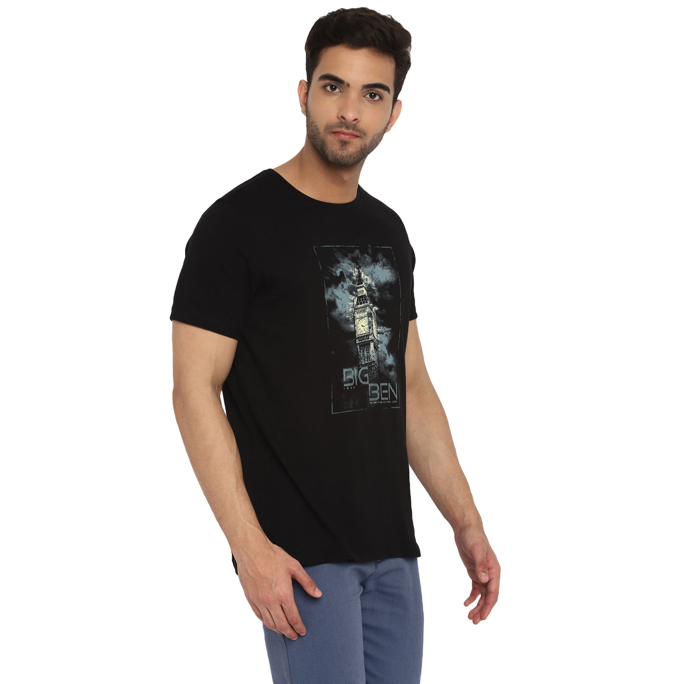 Essentials Black Chest Printed Round Neck T-Shirt