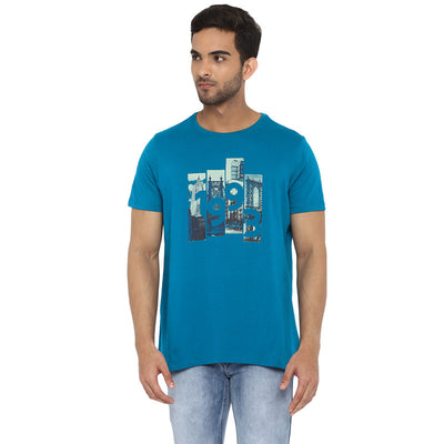 Turtle Essentials Blue Printed Round Neck T-Shirts for Men