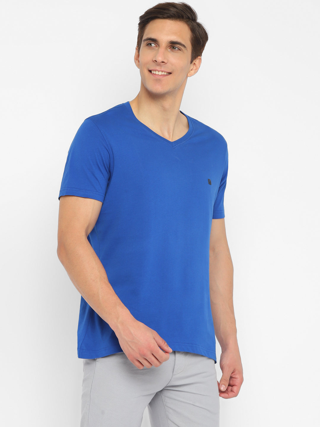 Essentials Blue Solid V Neck T-Shirt