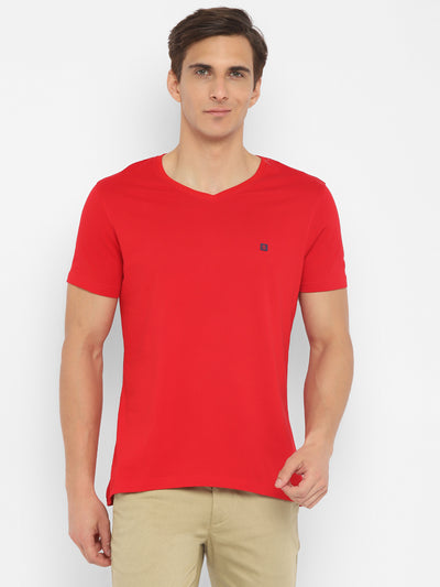 Essentials Red Solid V Neck T-Shirt