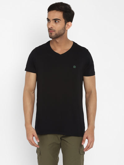 Essentials Black Solid V Neck T-Shirt