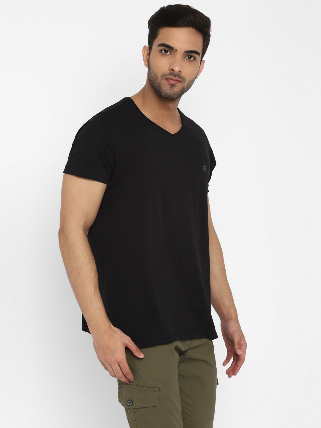 Essentials Black Solid V Neck T-Shirt
