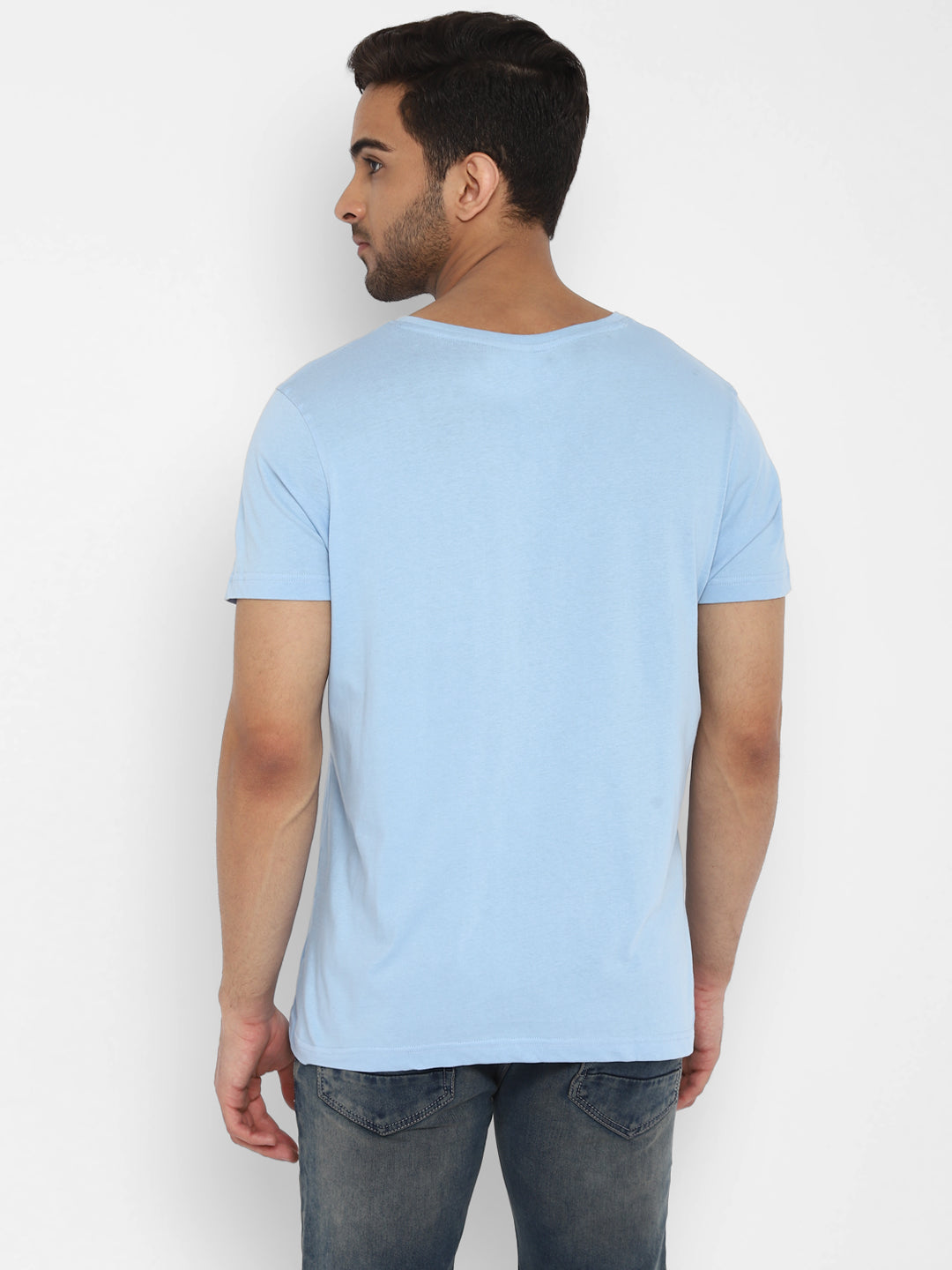 Essentials Sky Blue Solid V Neck T-Shirt