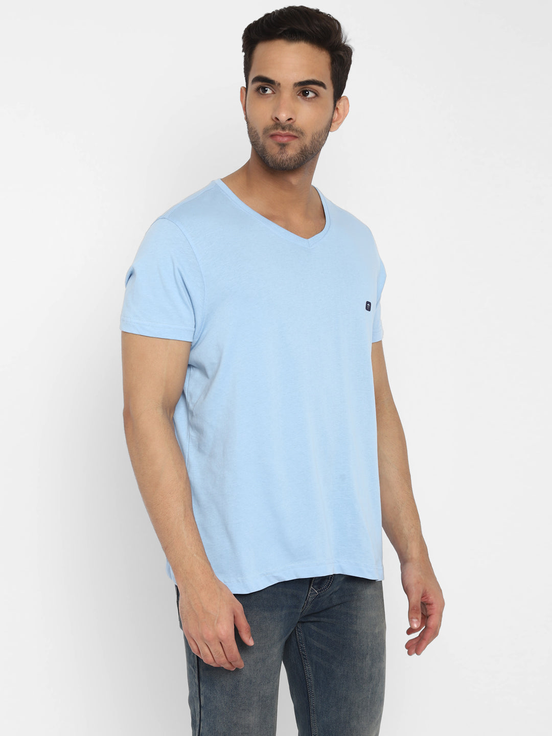 Essentials Sky Blue Solid V Neck T-Shirt