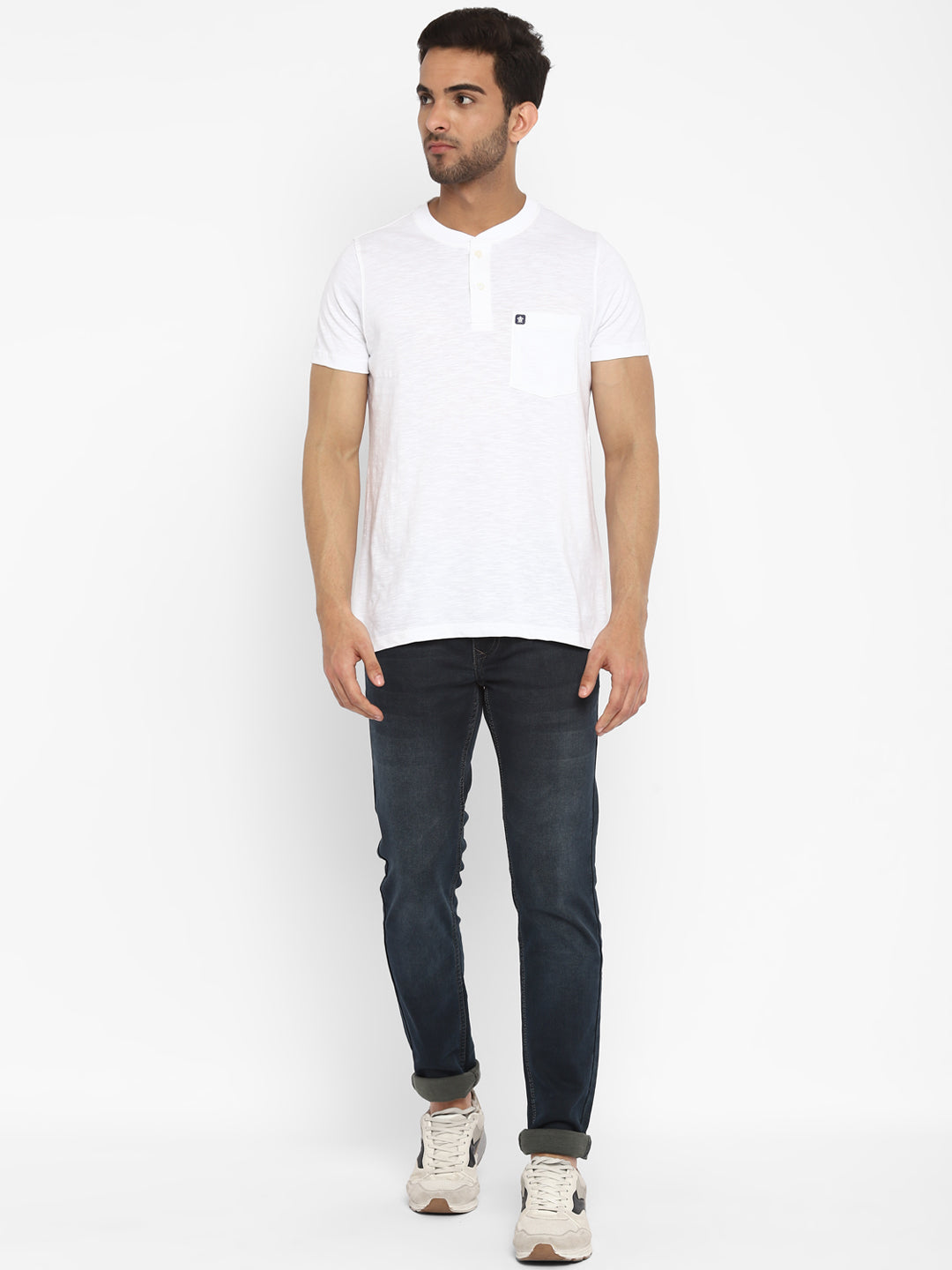 Essentials White Solid Henley Neck T-Shirt