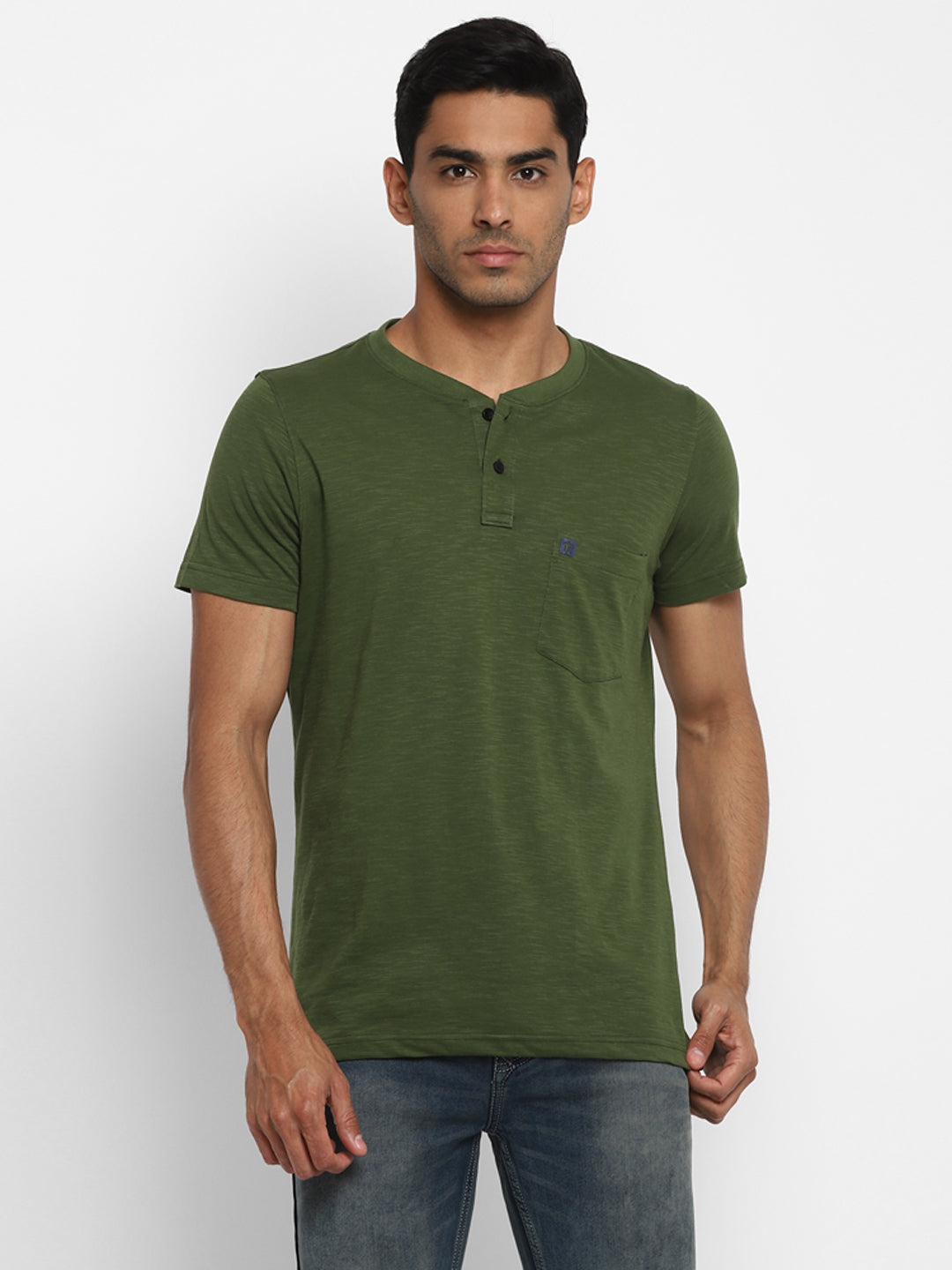 Essentials Olive Solid Henley Neck T-Shirt