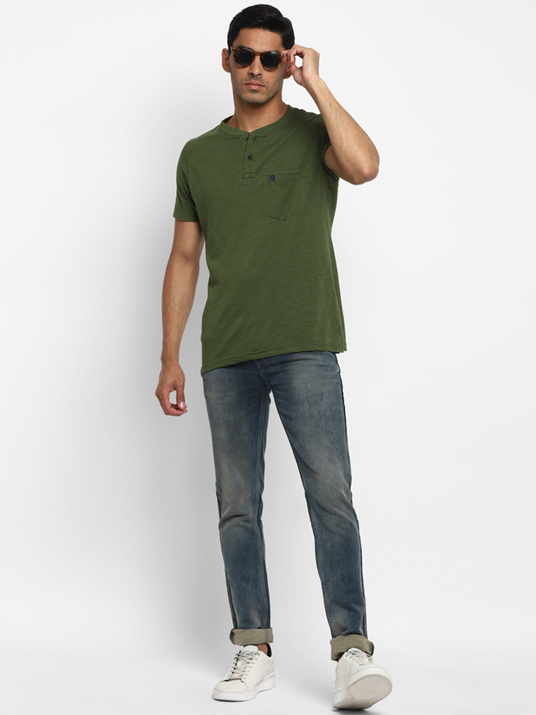 Essentials Olive Solid Henley Neck T-Shirt