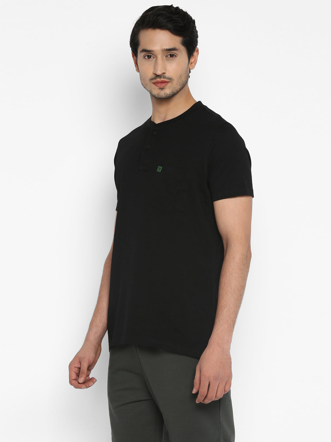 Essentials Black Solid Henley Neck T-Shirt