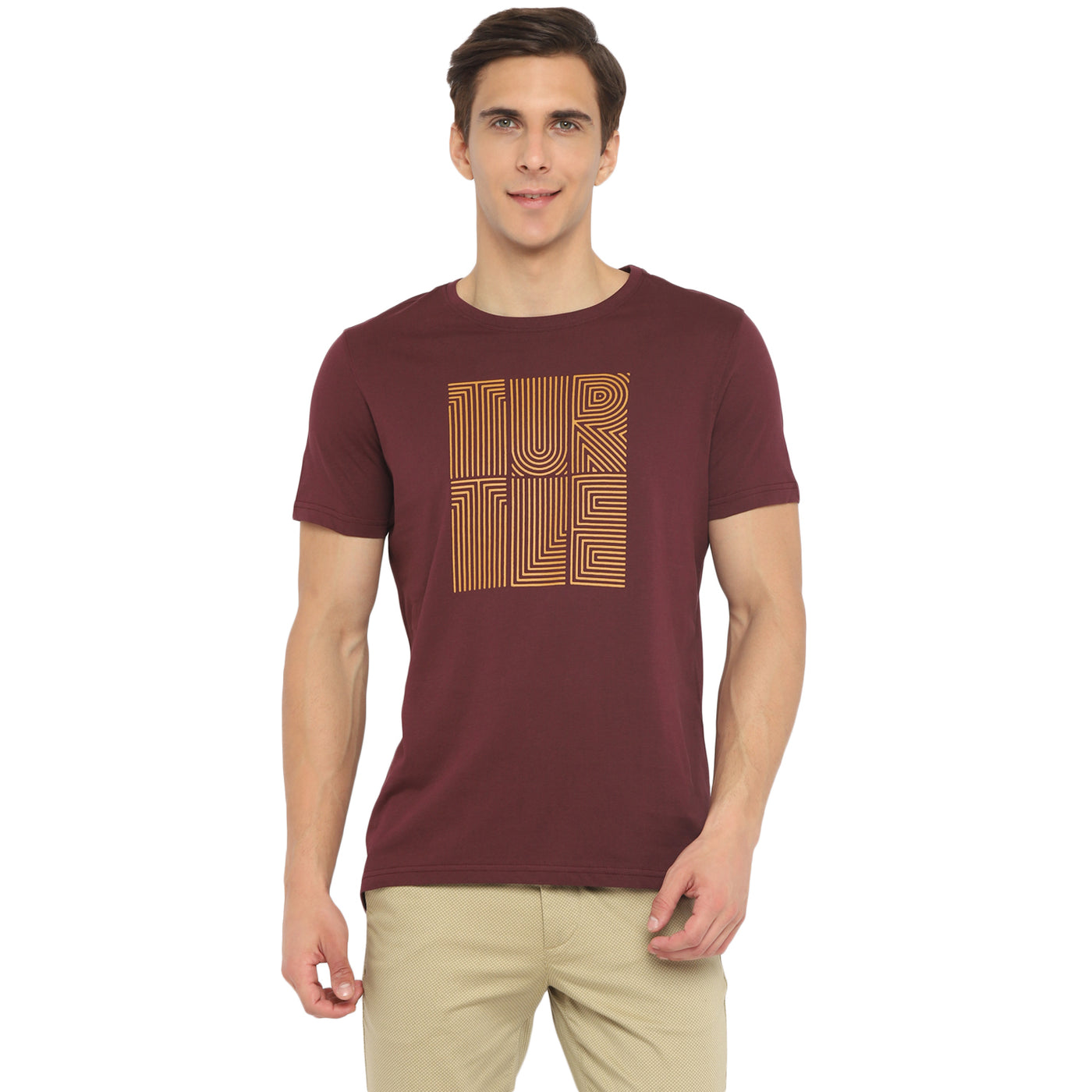 Turtle Men Essentials Maroon Printed Round Neck T-Shirts