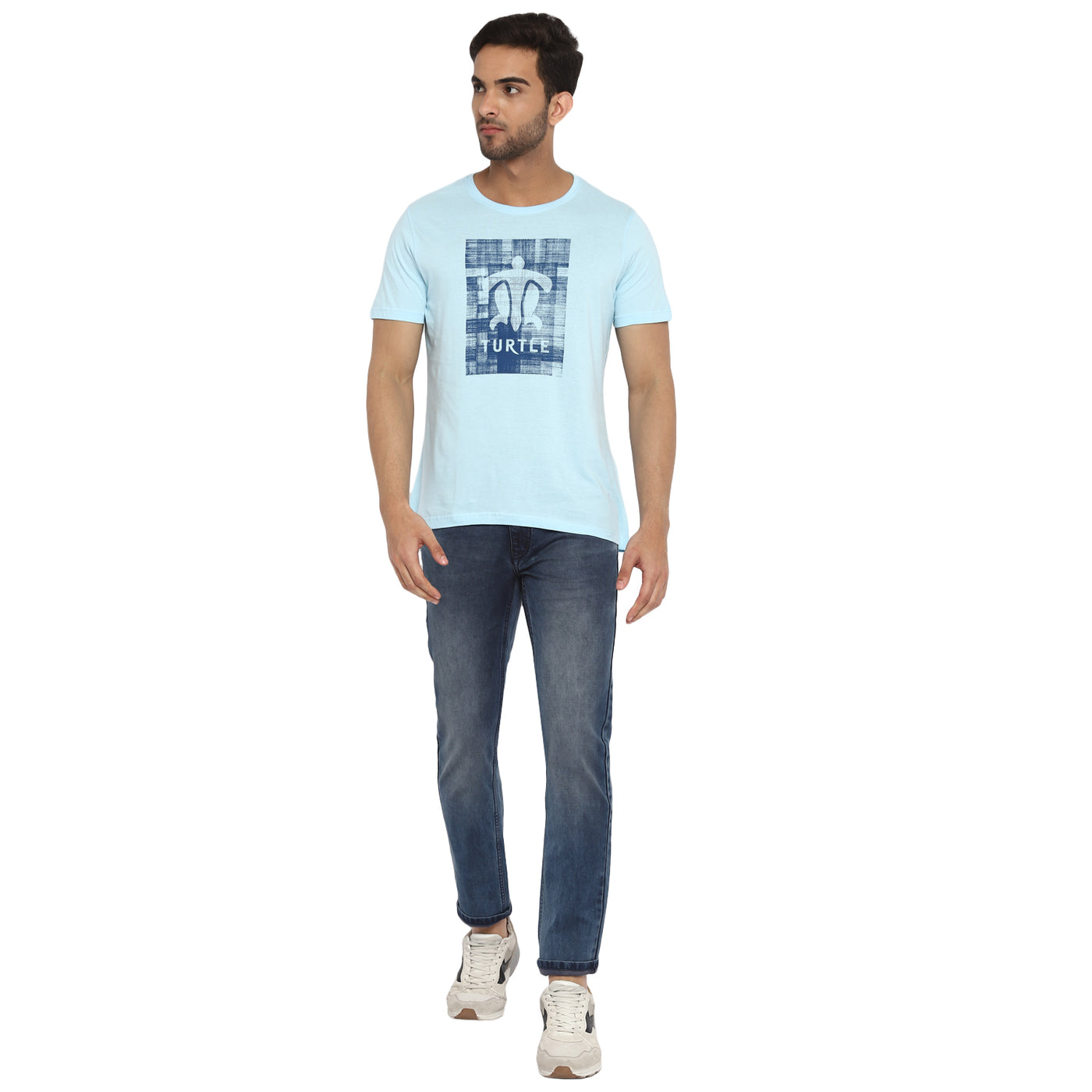 Essentials Sky Blue Printed Round Neck T-Shirt