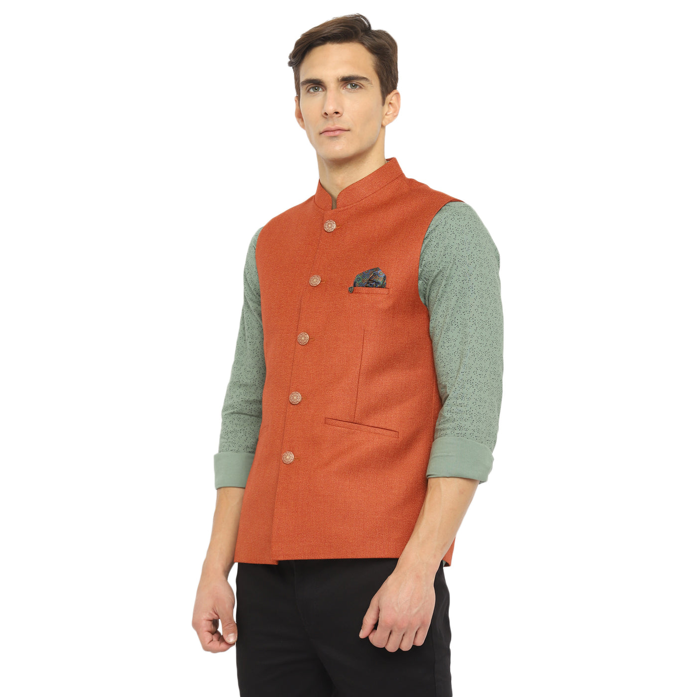 Turtle Men Rust Woven Self Design Nehru Jacket