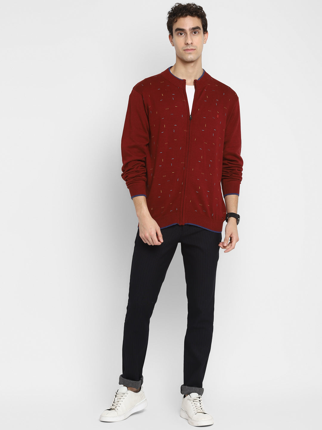 Red Printed Full Sleeve Sweater for Men