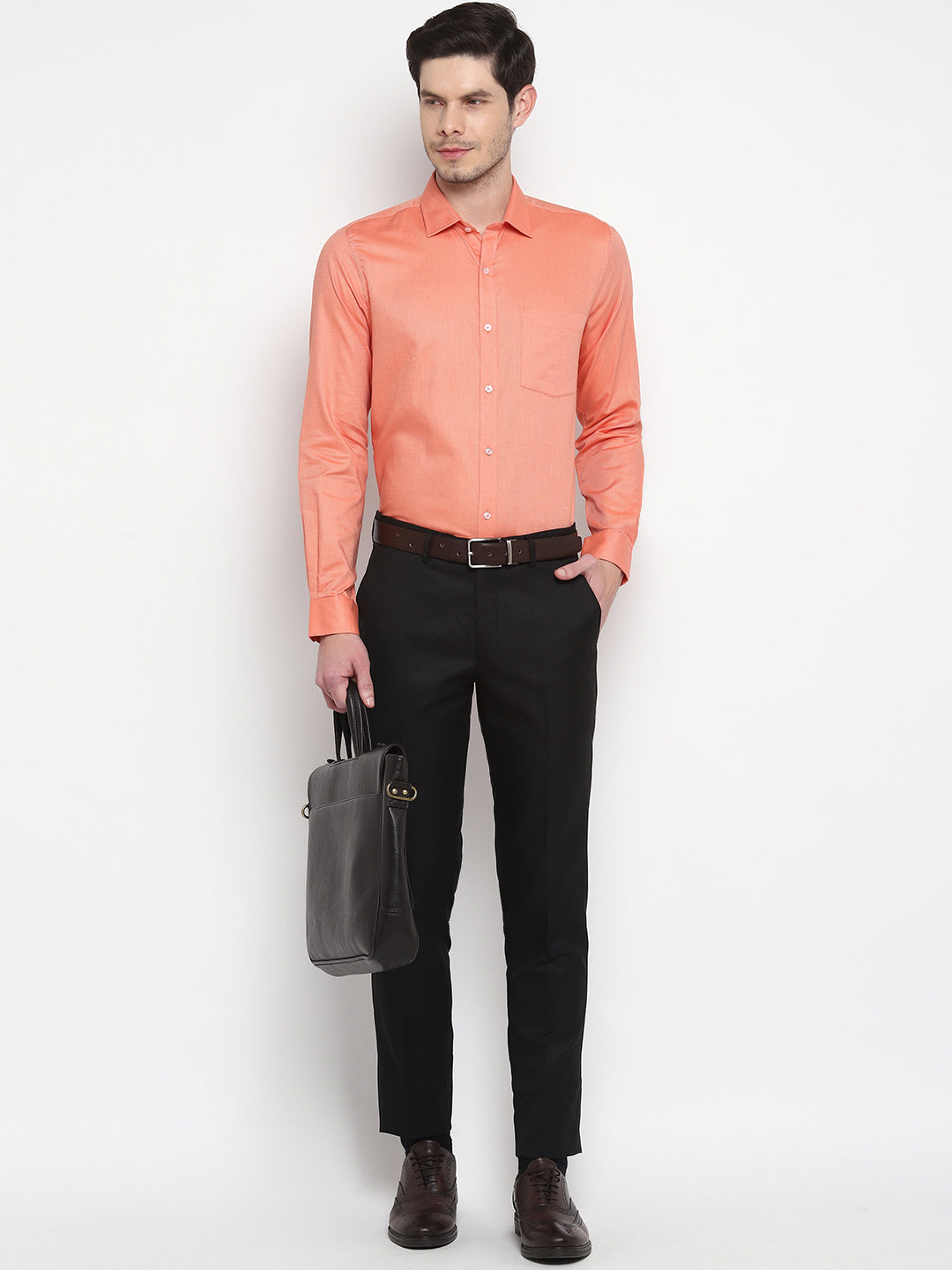 Orange Cotton Self Design Slim Fit Shirt