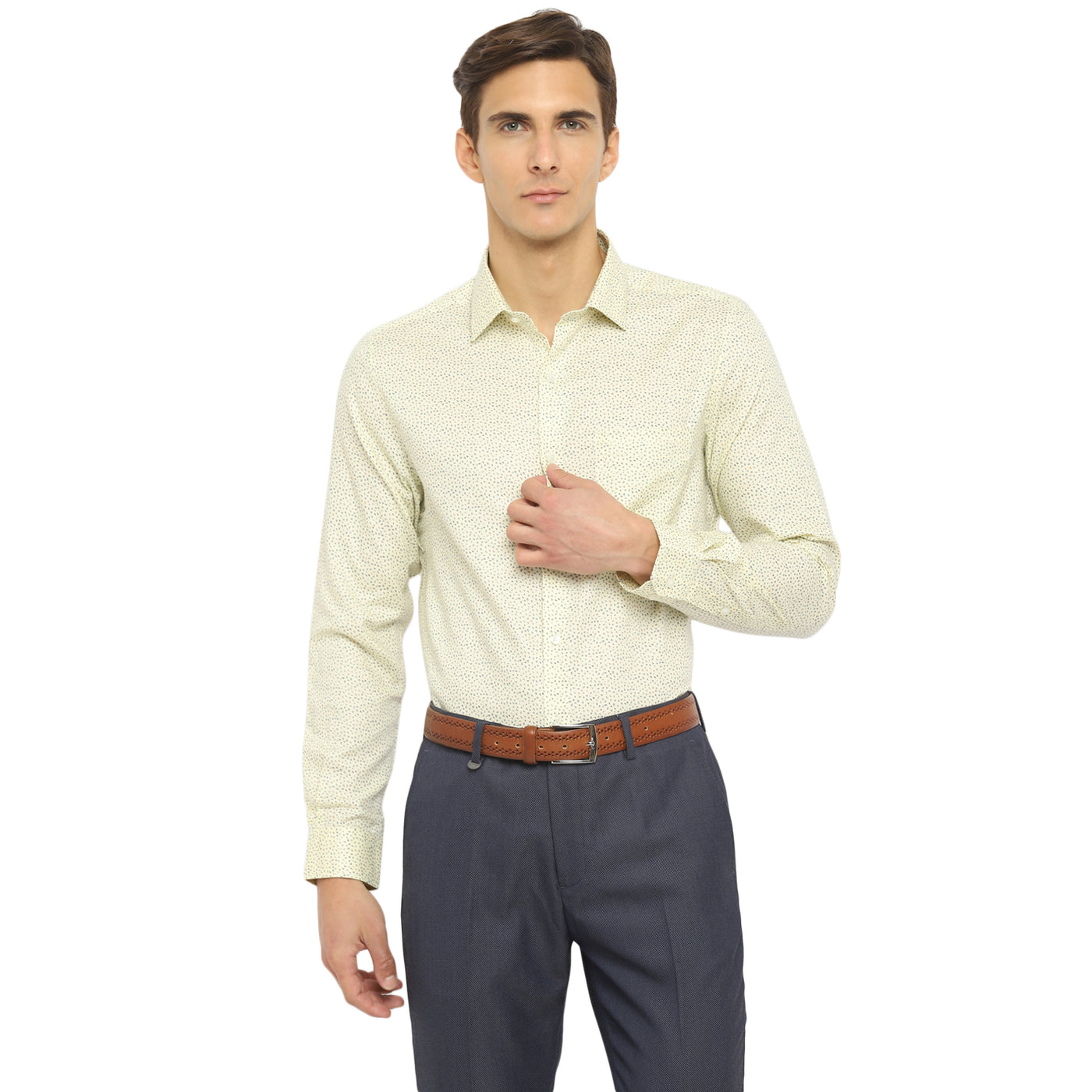 Beige Cotton Printed Slim Fit Shirts