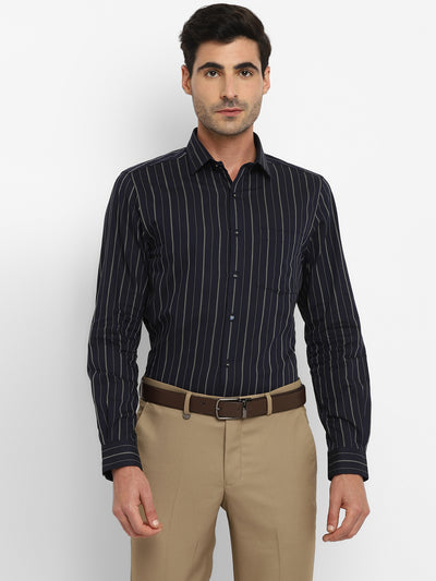 Navy Cotton Striped Slim Fit Shirt