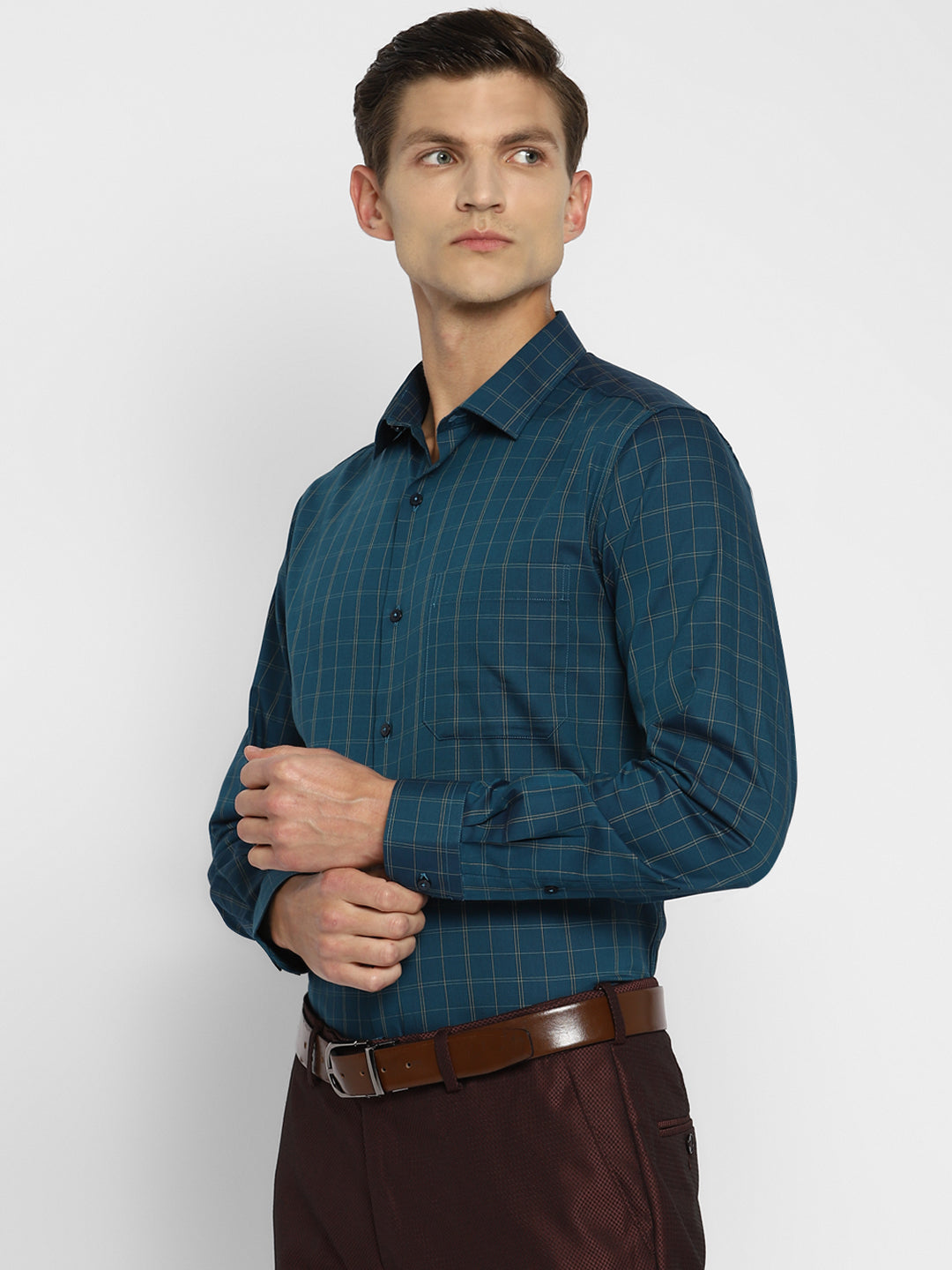 Navy Blue Cotton Checked Slim Fit Shirt