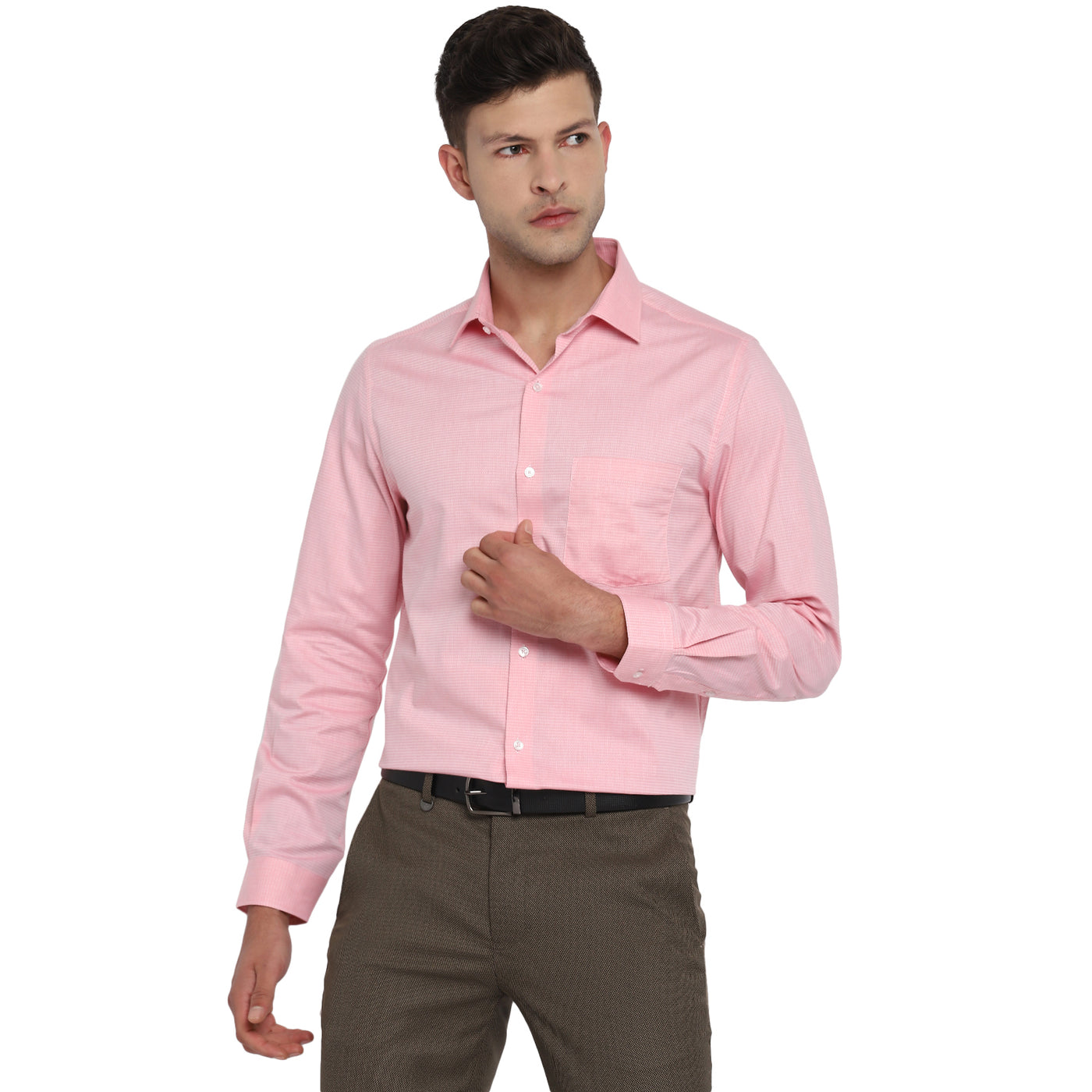 Pink Cotton Self Design Slim Fit Shirts