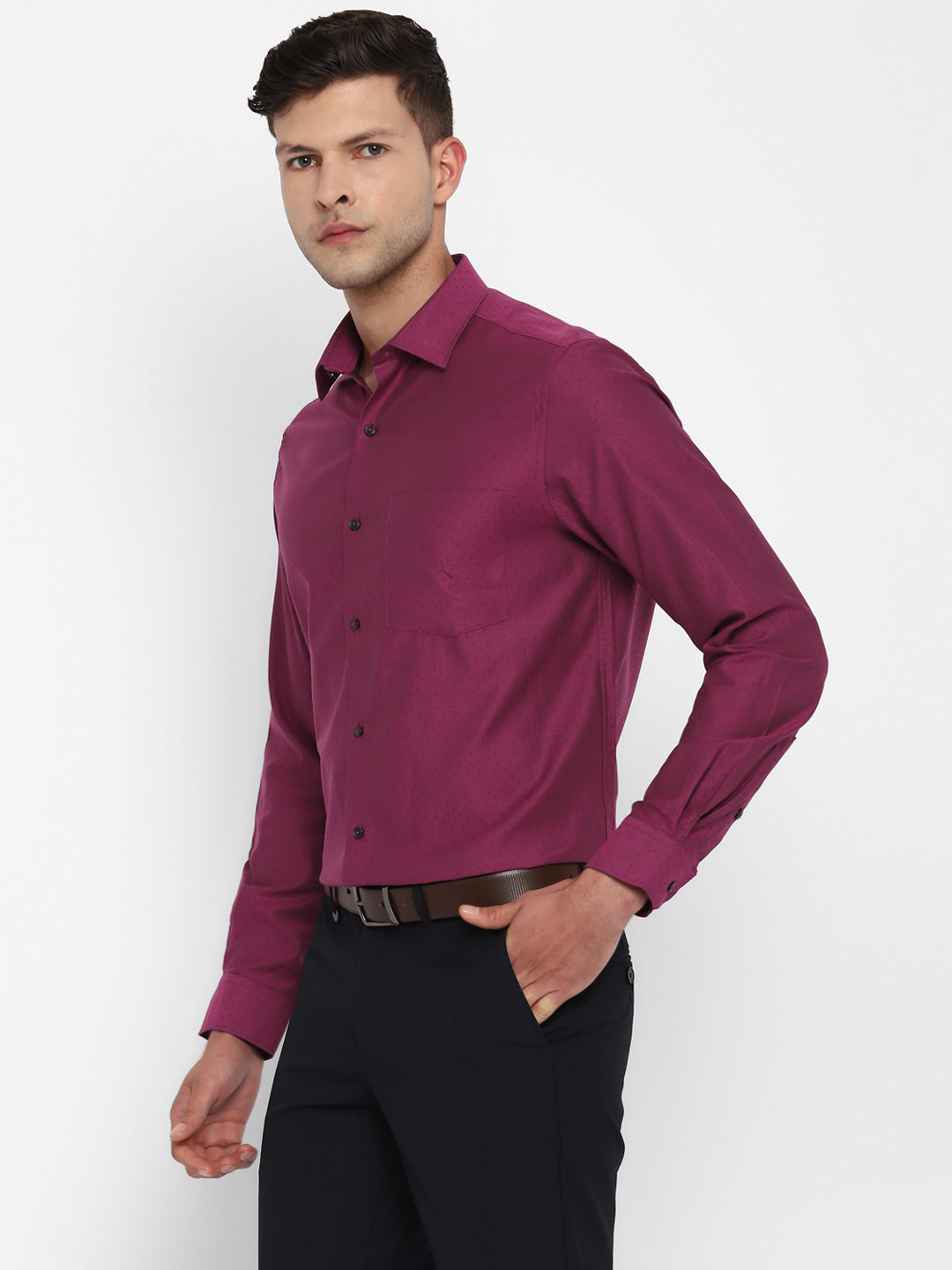 Purple Cotton Self Design Slim Fit Shirts