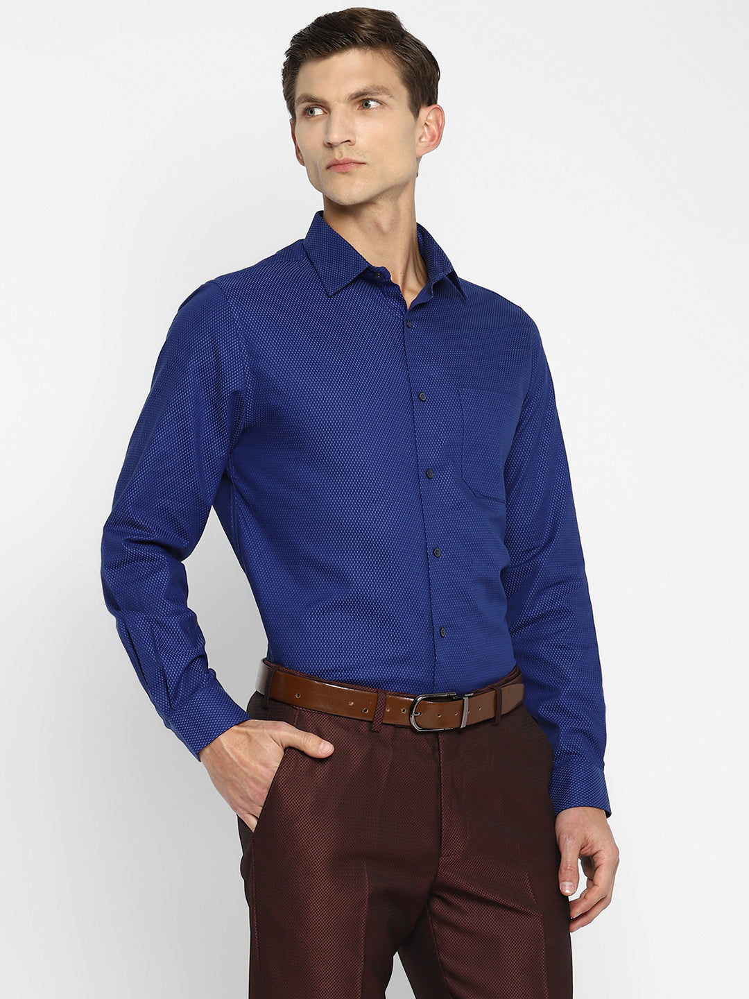 Blue Cotton Self Design Slim Fit Shirt