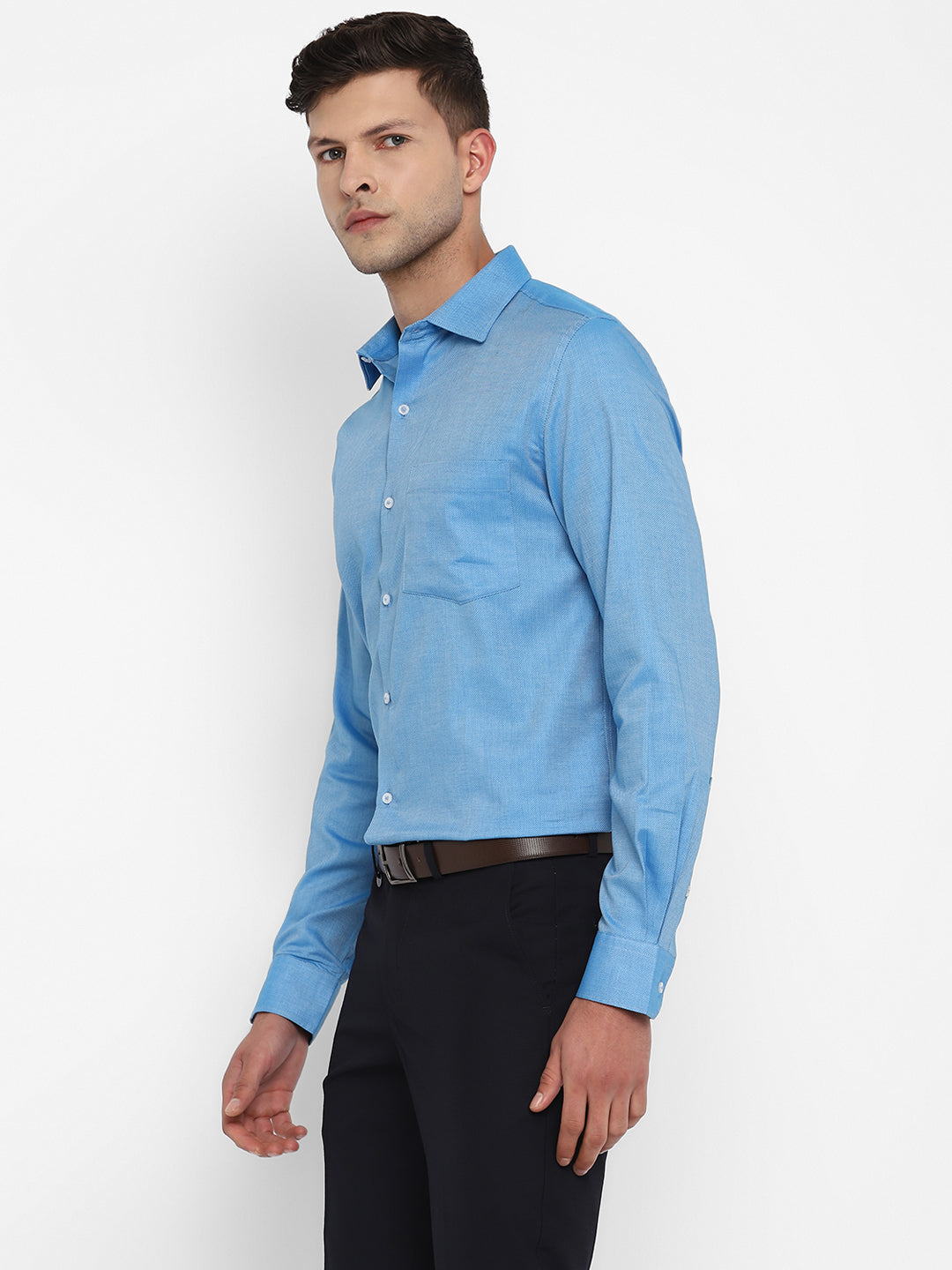 Blue Cotton Self Design Slim Fit Shirts