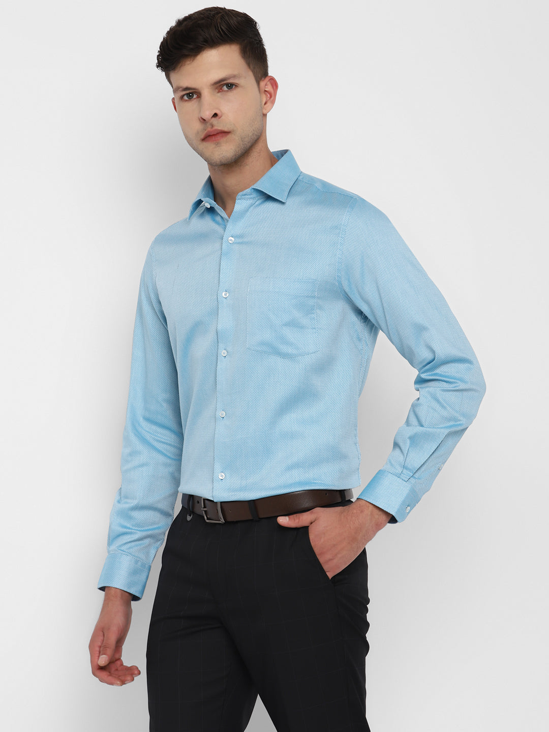 Blue Cotton Self Design Slim Fit Shirts
