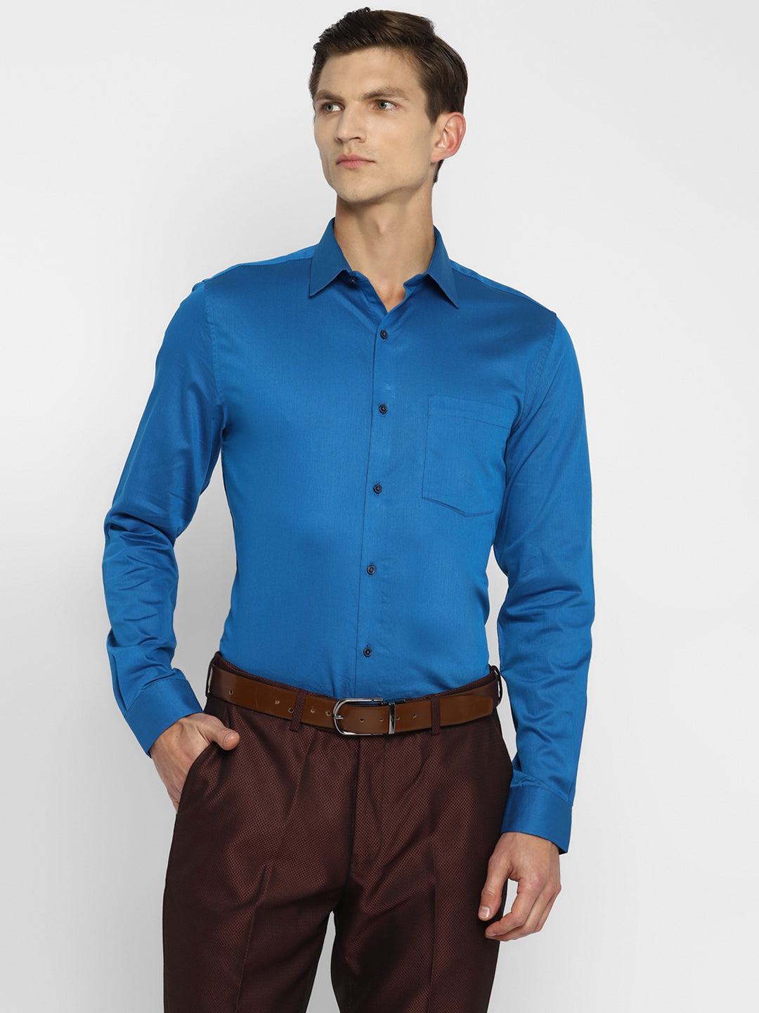 Blue Cotton Self Design Slim Fit Shirts