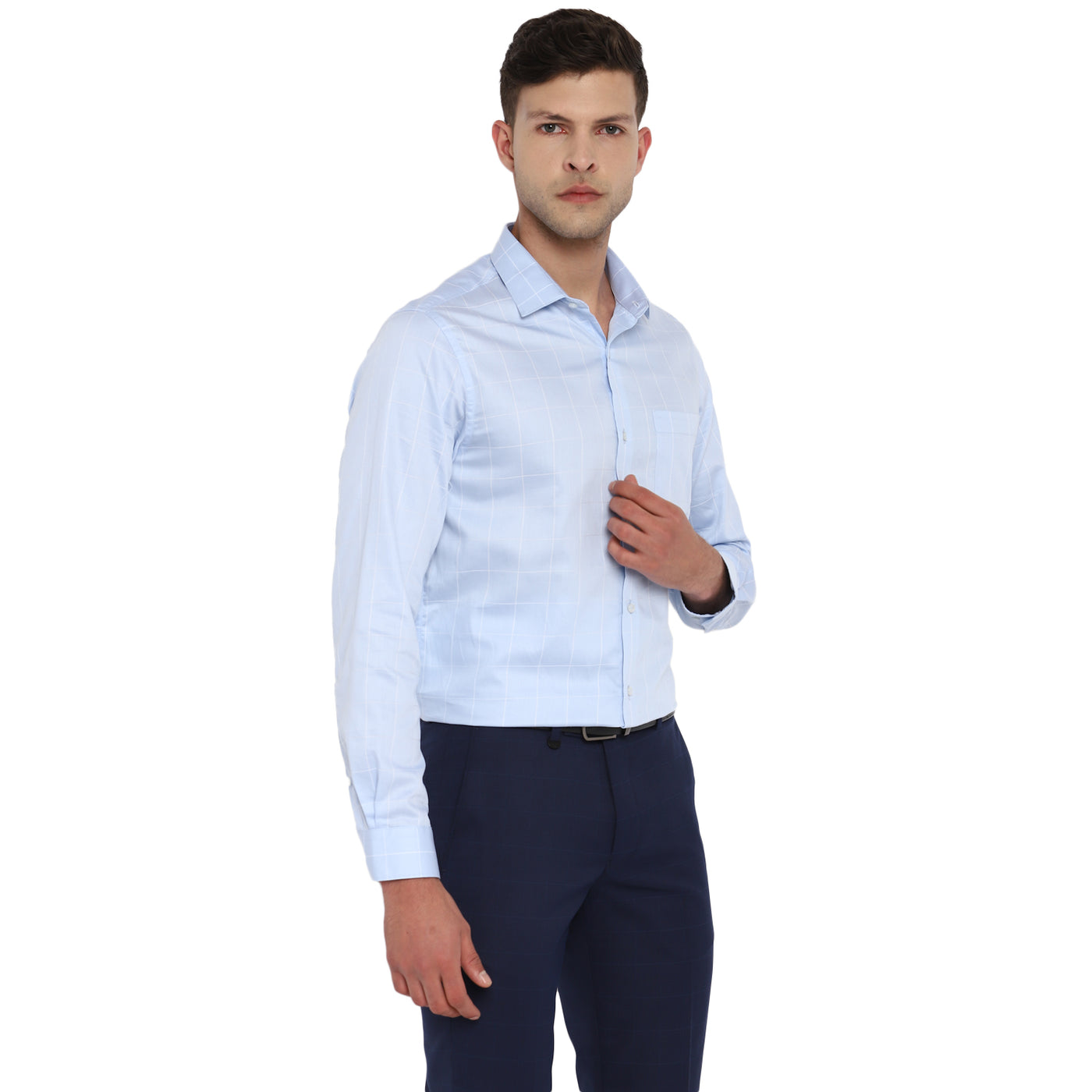 Sky Blue Cotton Checked Slim Fit Shirts