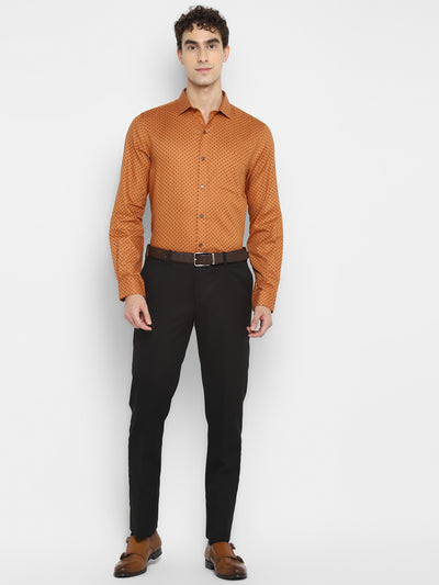Orange Cotton Printed Slim Fit Shirt