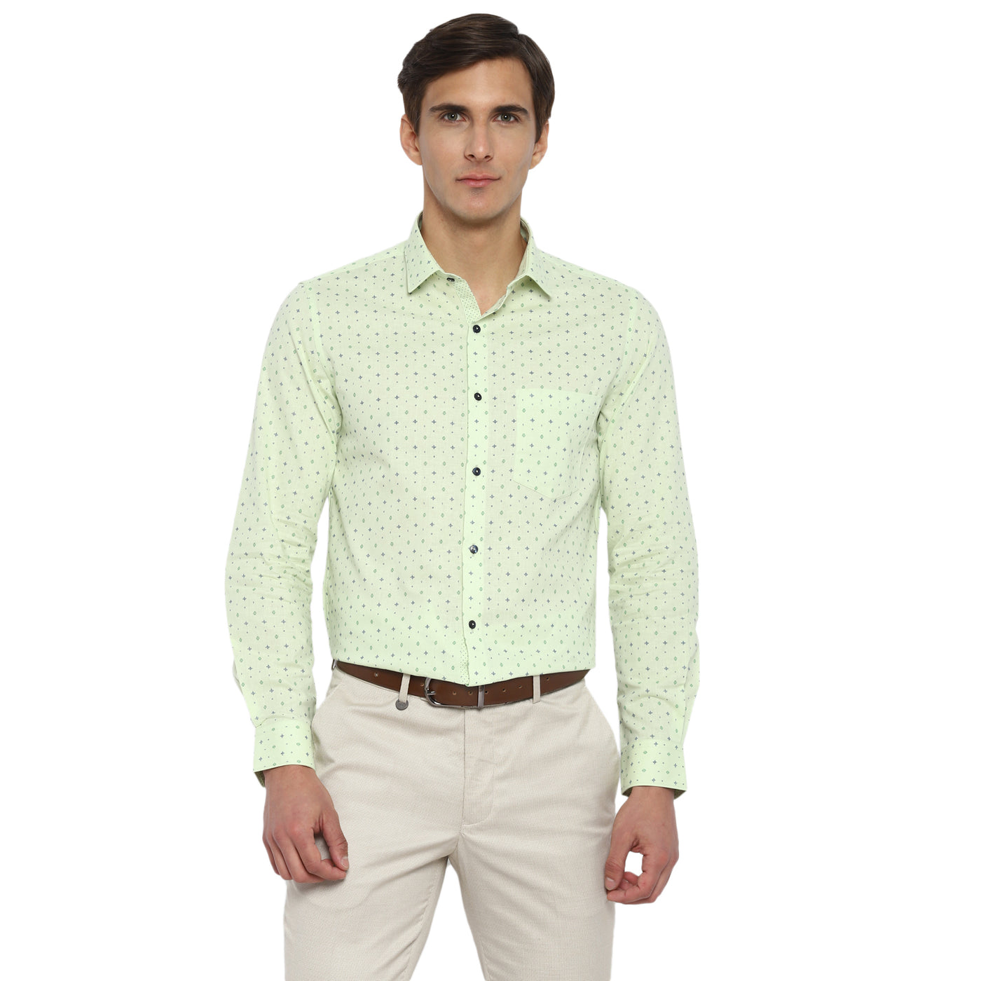 Cotton Light Green Slim Fit Printed Shirts