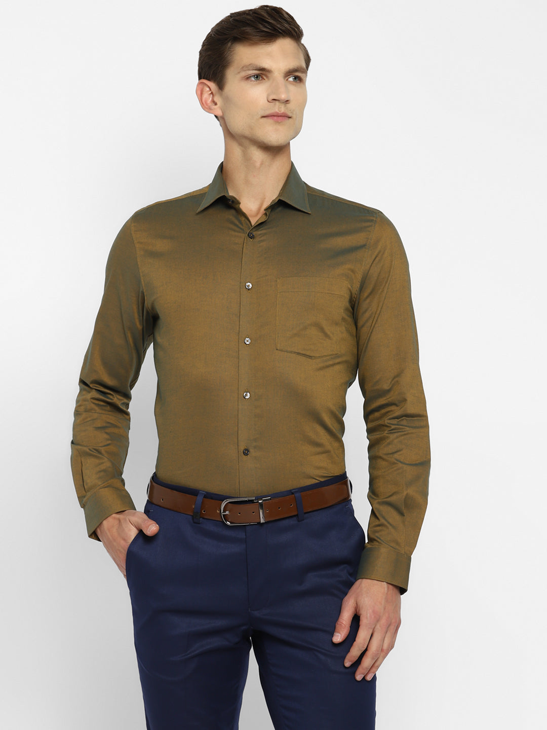 Olive Cotton Solid Slim Fit Shirts