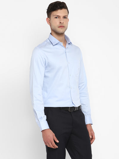 Sky Blue Cotton Lycra Solid Slim Fit Shirt