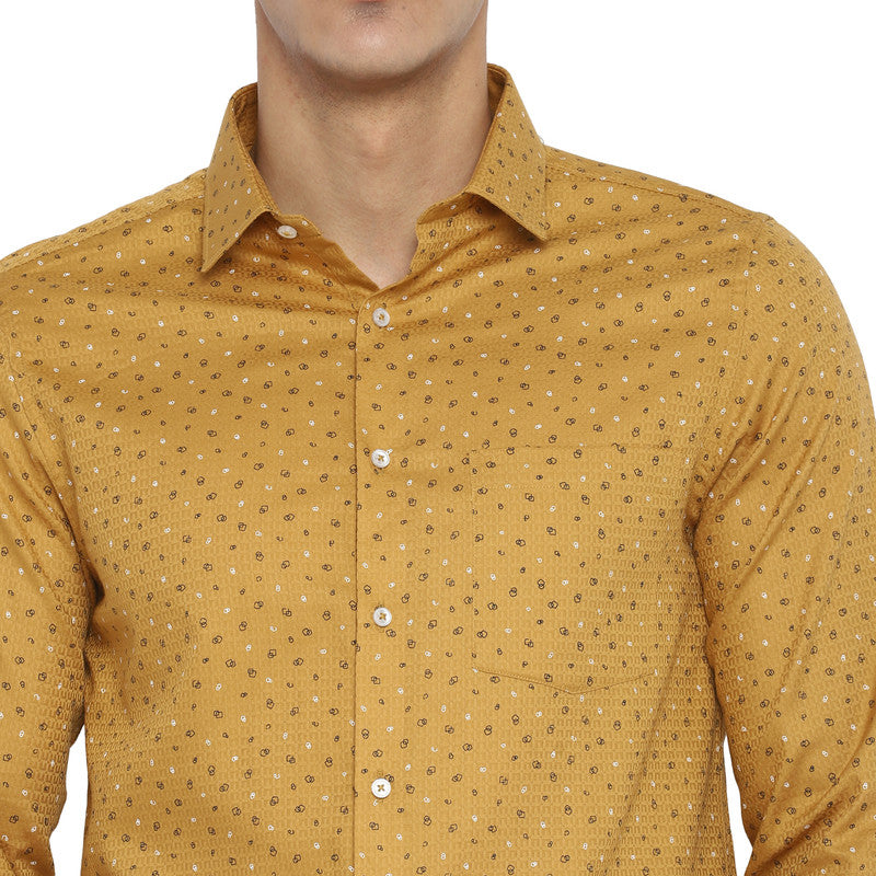 Cotton Mustard Printed Slim Fit Shirt