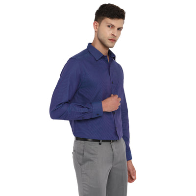 Navy Blue Cotton Self Design Slim Fit Shirts