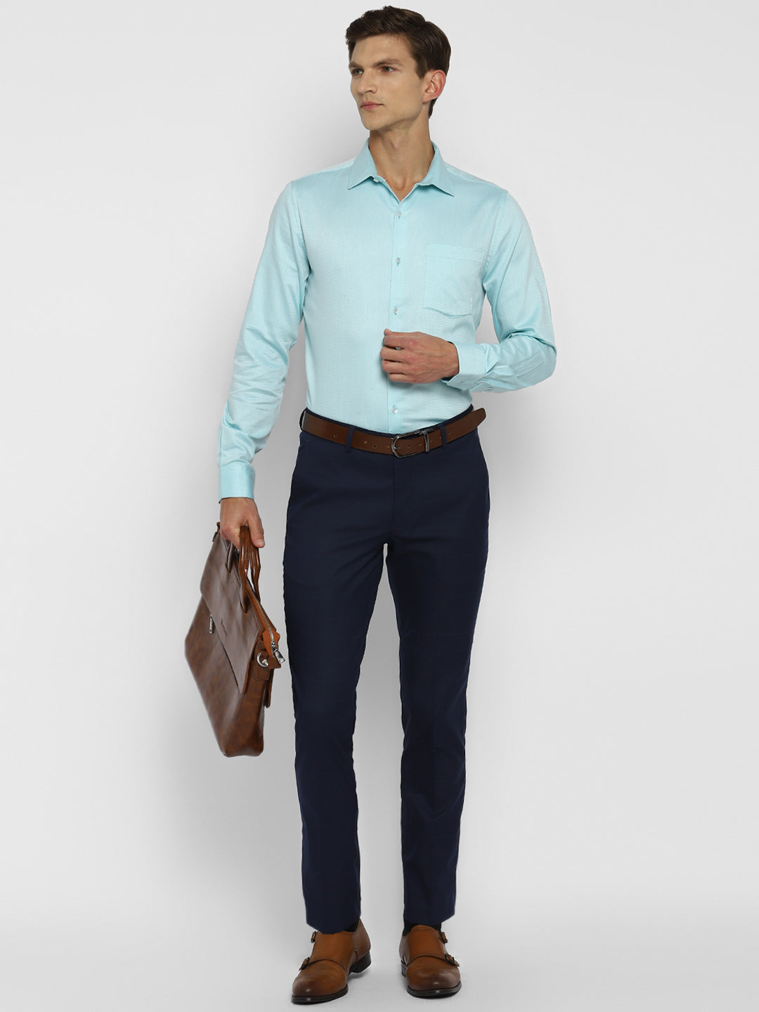 Turquoise Blue Cotton Self Design Slim Fit Shirts