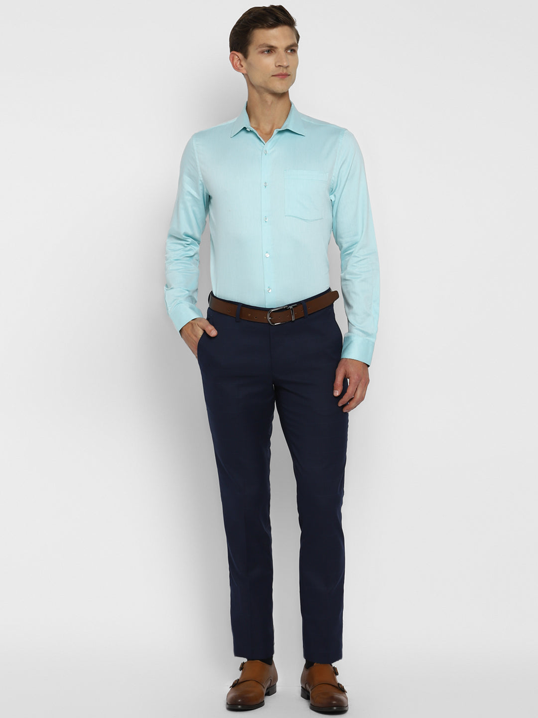 Turquoise Blue Cotton Self Design Slim Fit Shirts