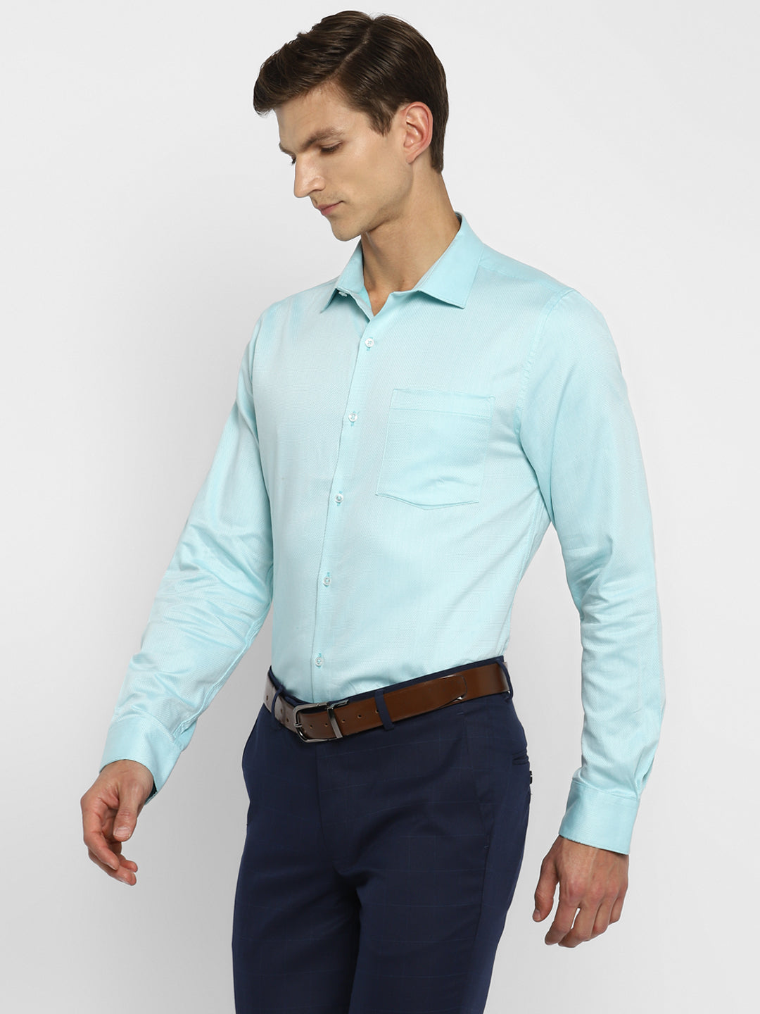 Turquoise Blue Cotton Self Design Slim Fit Shirts