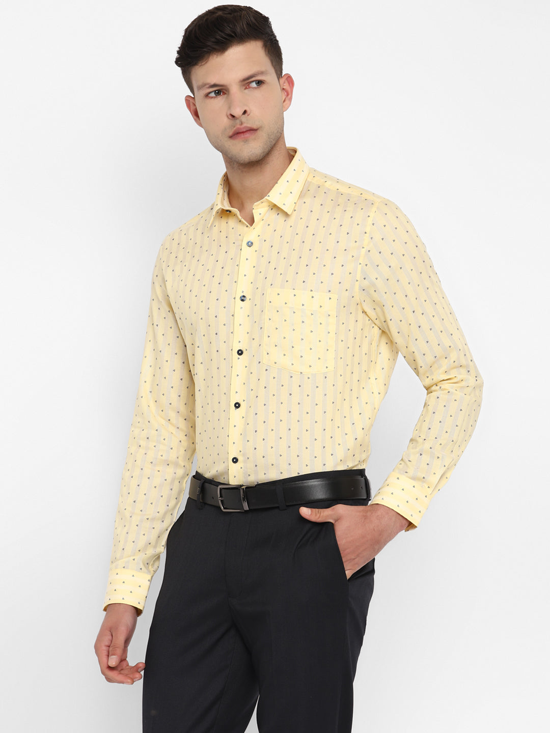 Yellow Cotton Printed Slim Fit Shirt