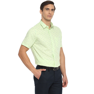 Cotton Linen Light Green Regular Fit Printed Shirt
