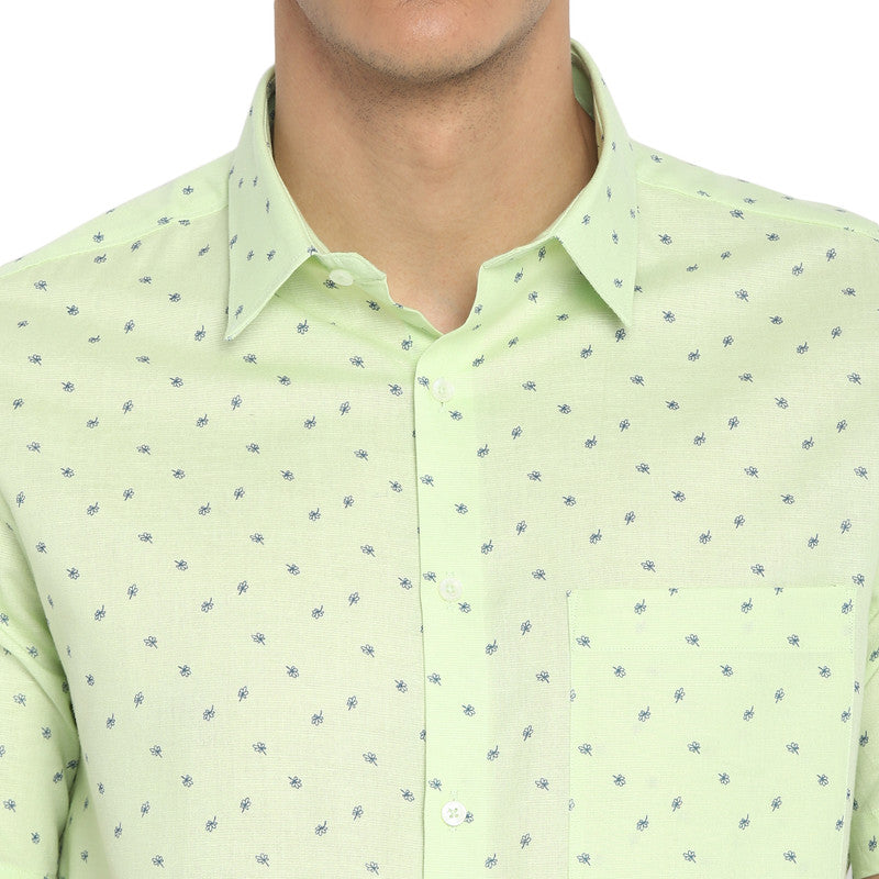 Cotton Linen Light Green Regular Fit Printed Shirt