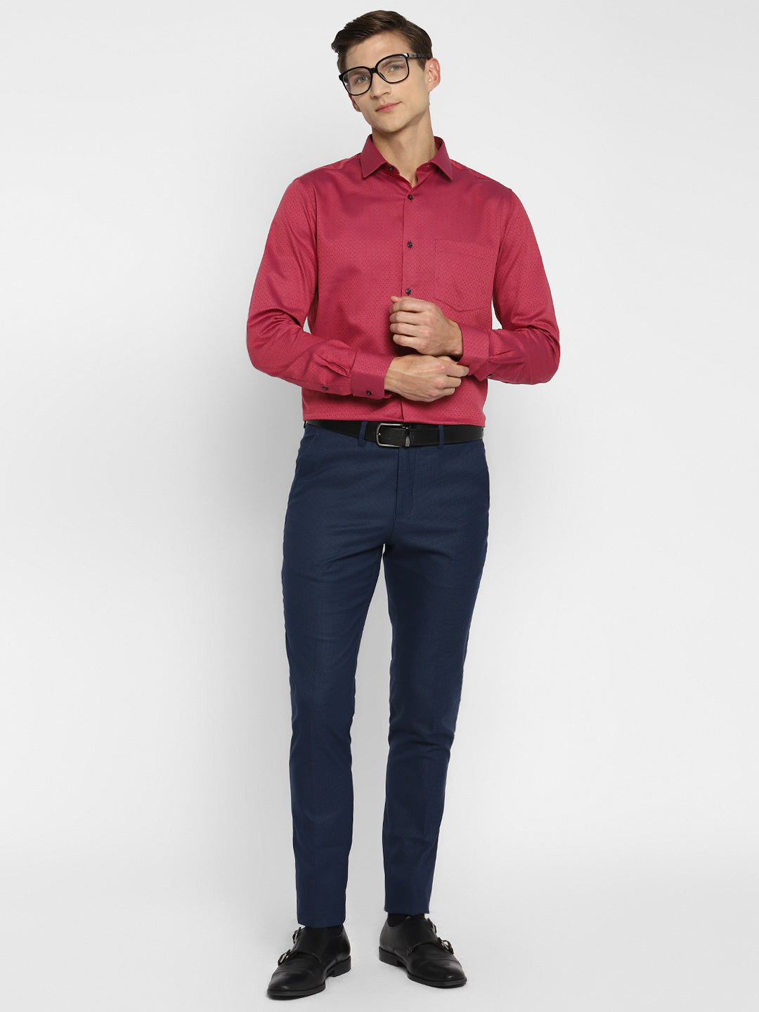 Pink Cotton Self Design Slim Fit Shirts